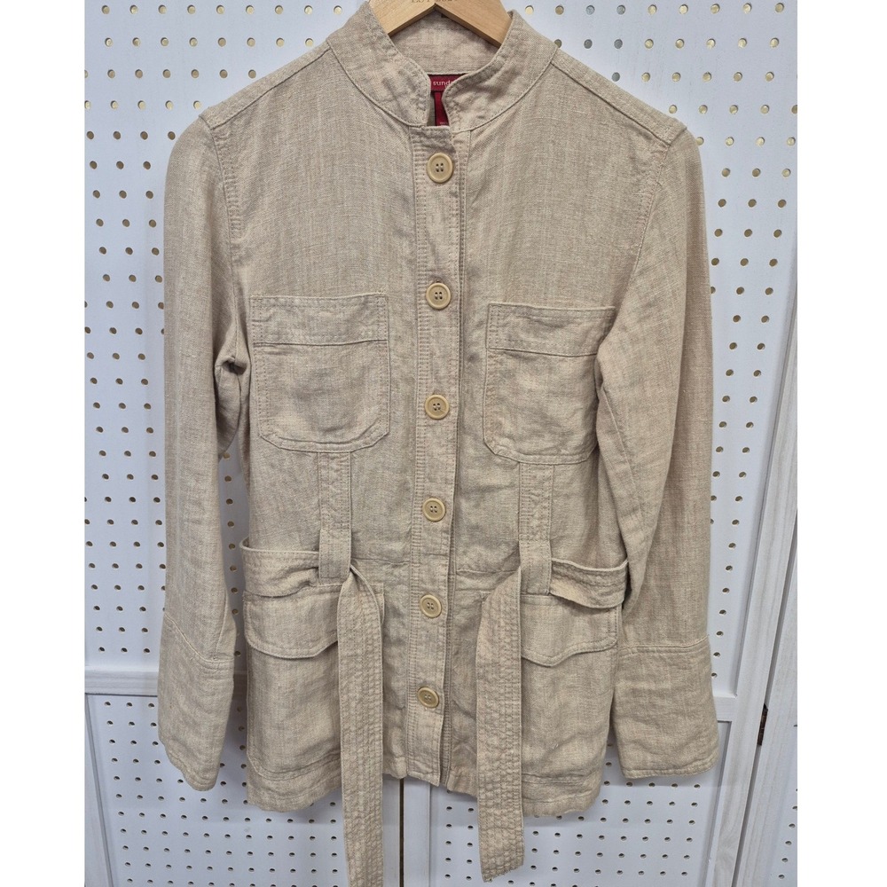 Sundance Tan 100% Linen Safari Utility Jacket Tie Belt Size Small